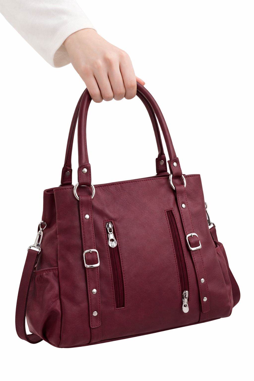 Maroon Satchel Handbag with Zipper and Buckle Details