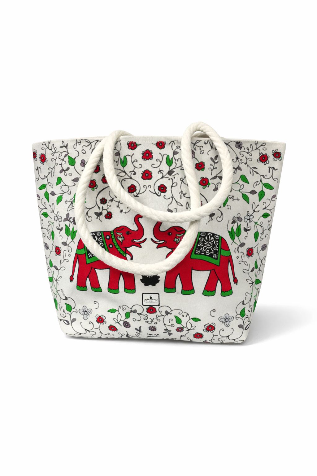 Printed Canvas Tote Bag with Elephant and Floral Design