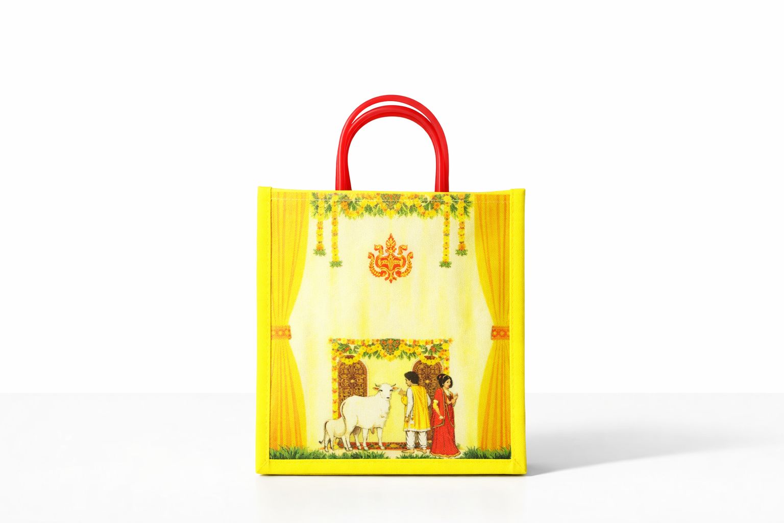 Traditional Indian Return Gift Bag with Cow & Couple Print - Yellow