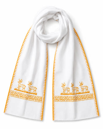 Traditional White Stole with Yellow Deer Motif Border Traditional White Stole with Yellow Deer Motif Border