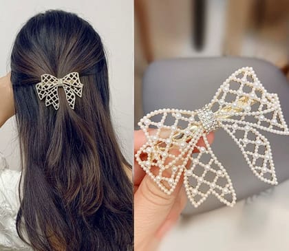 Elegant Pearl Bow Hair Claw Clip