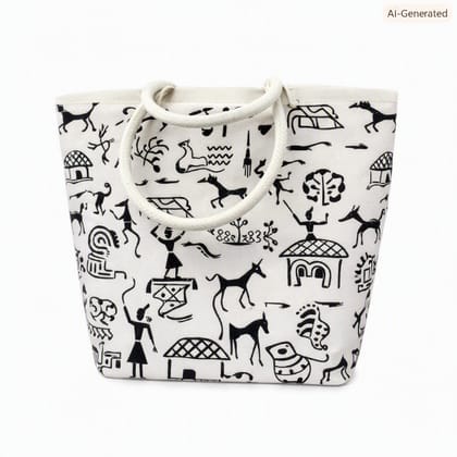 Canvas Tote Bag with Black Warli Folk Art Style Print Canvas Tote Bag with Black Warli Folk Art Style Print