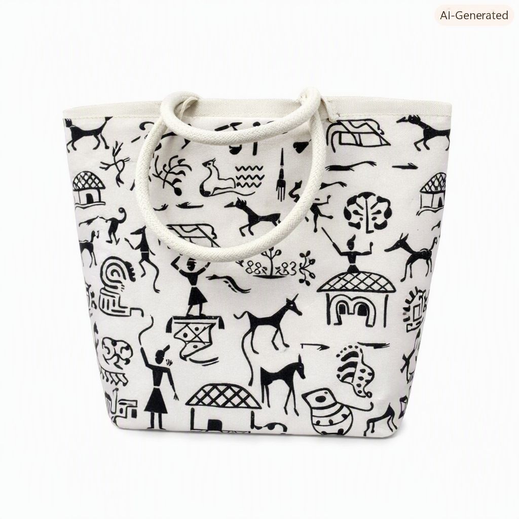 Canvas Tote Bag with Black Warli Folk Art Style Print