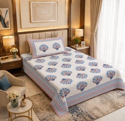 DHRUVINSRI Luxury Hand Block Print Single Cotton Bed Sheet with Pillow, 60*90 inches ((157*229 cms) - Perfact for Single Bed, Diwan , Living Room Decor
