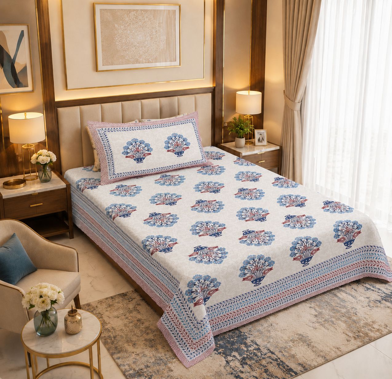 DHRUVINSRI Luxury Hand Block Print Single Cotton Bed Sheet with Pillow, 60*90 inches ((157*229 cms) - Perfact for Single Bed, Diwan , Living Room Decor