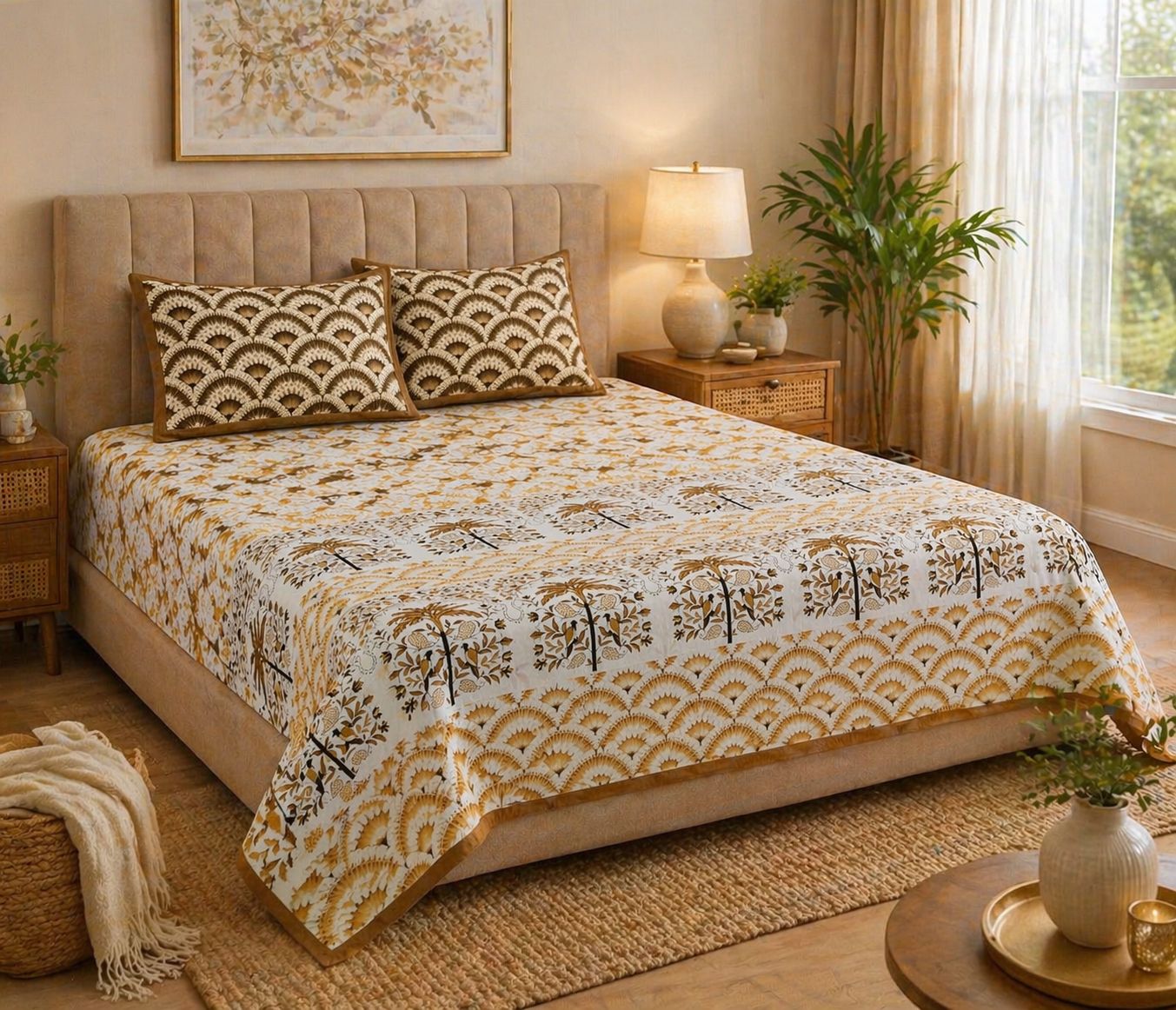 DHRUVINSRI King Size bedsheet Pure Cotton bedsheet with 2 Pillow Covers, 90 * 108 Inches, Floral Print-Sand Beige Colour.3 pcs set