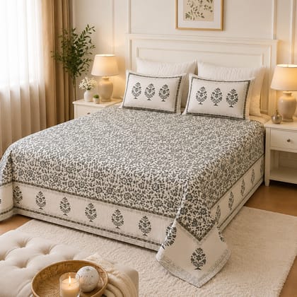 DHRUVINSRI Elegant Hand Block Print  Cotton King Size Bed Bedsheet 90 * 108 with 2 Pillow Covers, 220TC ,Flora Print , Natural Premium Fabric, Fast Colour- Ivory Grey