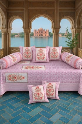 DHRUVINSRI Luxury Embroidery Floral Print Diwan Set 1 Bedsheet +2 Bolster covers +5 Cushion Covers ,  8 Pcs Set, Elegant Design, Living Room Decor, Bamboo Cotton Fabric, Size 63x90 