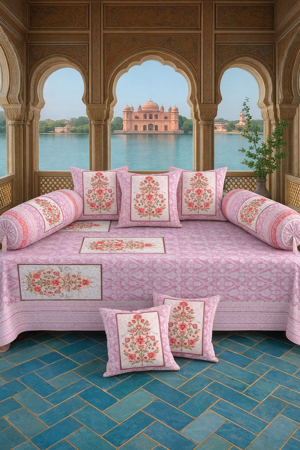 DHRUVINSRI Luxury Embroidery Floral Print Diwan Set 1 Bedsheet +2 Bolster covers +5 Cushion Covers ,  8 Pcs Set, Elegant Design, Living Room Decor, Bamboo Cotton Fabric, Size 63x90 