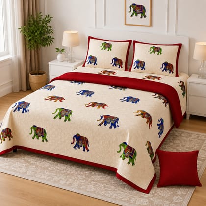 DHRUVINSRI Heritage Elephant Pattern, Super king bed size Cotton Bedsheet 275*275 cm/108*108 in/9*9 ft with Pillow cavers 45*74 cms,- Burgendy Trim with multicolor elephant-1 set DHRUVINSRI Heritage Elephant Pattern, Super king bed size Cotton Bedsheet 275*275 cm/108*108 in/9*9 ft with Pillow cavers 45*74 cms,- Burgendy Trim with multicolor elephant-1 set