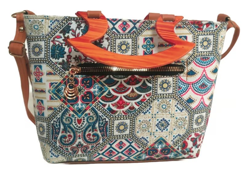 Patterned Fabric Sling Handbag with Wooden Handles