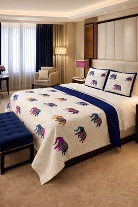 DHRUVINSRI Elegant Premium Cotton Super King Size 275 x 275 cm with 2 Pillow Covers, Heritage Elephant Deign-white DHRUVINSRI Elegant Premium Cotton Super King Size 275 x 275 cm with 2 Pillow Covers, Heritage Elephant Deign-white