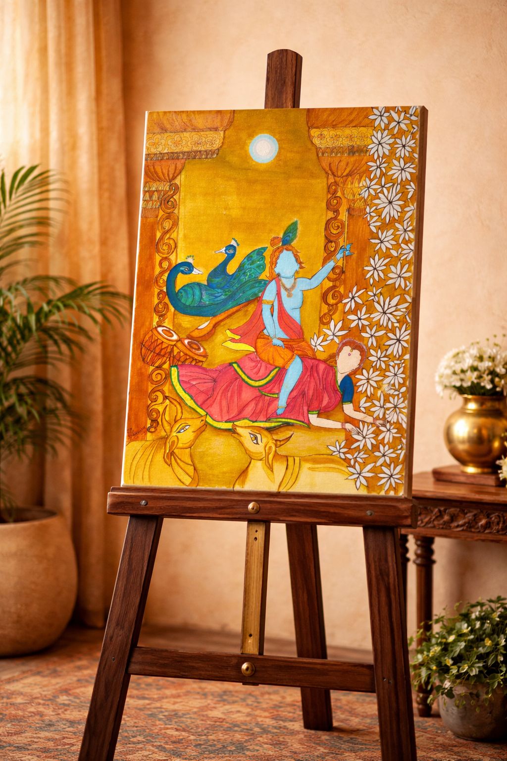 Original Hand-Painted Wall Art Krishna Yashoda Bal Leela Acrylic Art Master Piece | Bal Krishna Wall Art | ISKCON Devotee Home Decor | Handmade Indian Traditional Acrylic Canvas Artwork | Krishna Devotional Gift