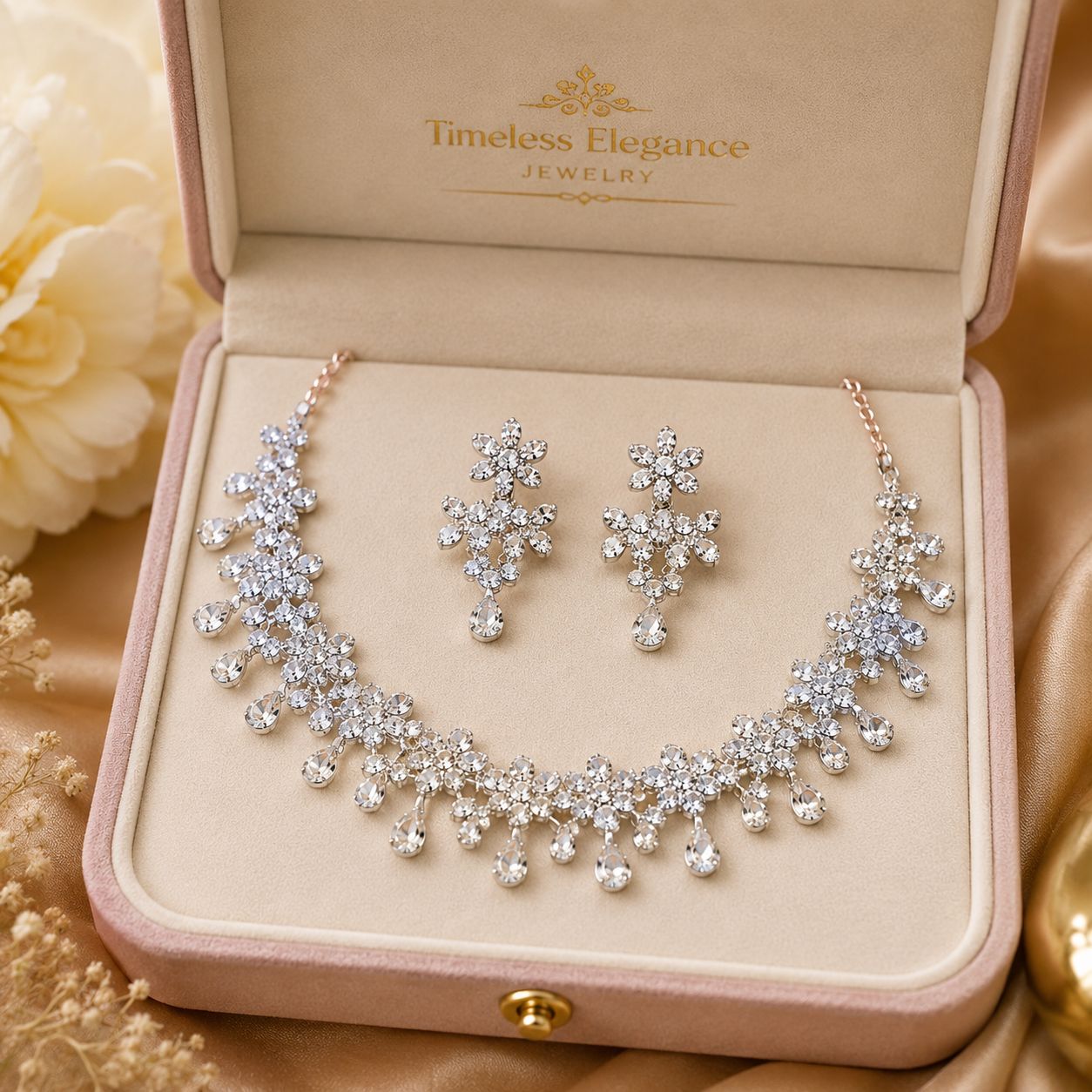 Silver-Plated Crystal Teardrop Necklace and Earring Set