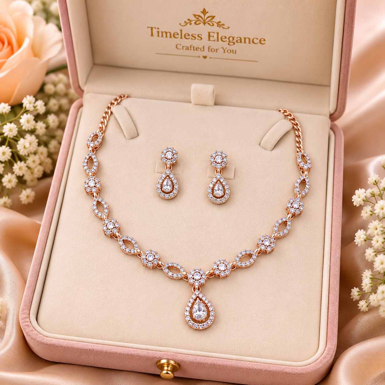 Rose Glow Crystal Pendant Necklace & Earrings Set