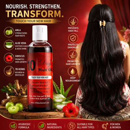 Elegantra 10 Days Ayurvedic Hair Oil | 77 Herbs & Natural Oils for Fast Hair Growth & Hair Fall Control | Anti-Dandruff Deep Nourishing Scalp Vitalizer for Men & Women (Pack of 1)