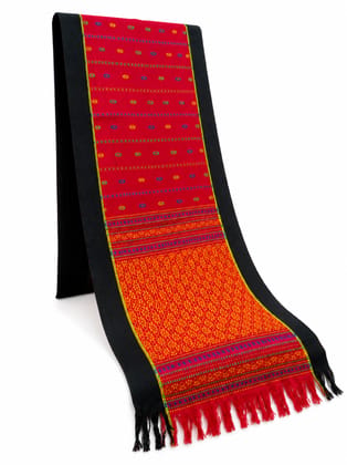 Traditional Tripuri Handwoven Risha – Red with Multicolour Motifs and Black Border