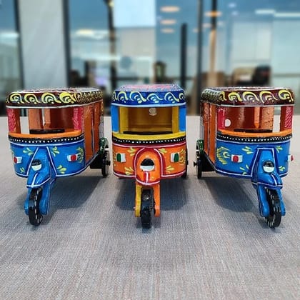 Varanasi Wooden Toy Handmade Auto Rickshaw Multicolor Set of 3