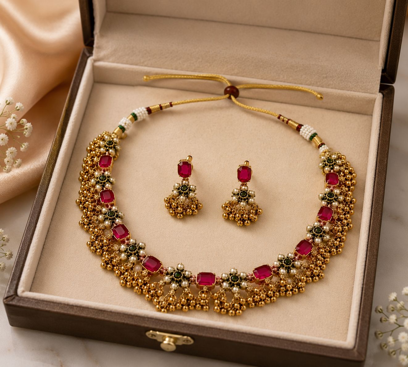 Traditional Gold-Plated Pink Stone and Beaded Necklace Set with Earrings