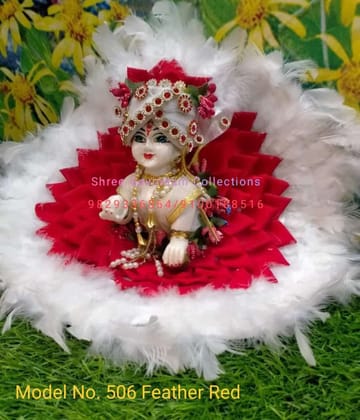 DHRUVINSRI Divine Ladoo Gopal Ji Designer Feather Studded Gown & Pagdi Set – Red, Premium Krishna Ji Poshak for Idol Size 4–6