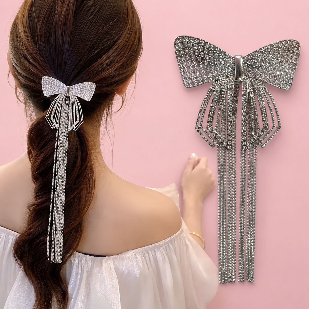 Blubby Premium Silver Rhinestone Bow Hair Claw