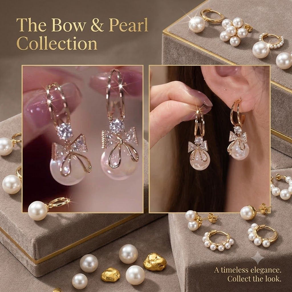 Elegantra Pearl Drop Bow Huggie Earrings – Sparkling Crystal Ribbon & Lustrous Pearl Dangles | Elegant Anti-Tarnish Daily Wear Jewelry Pack