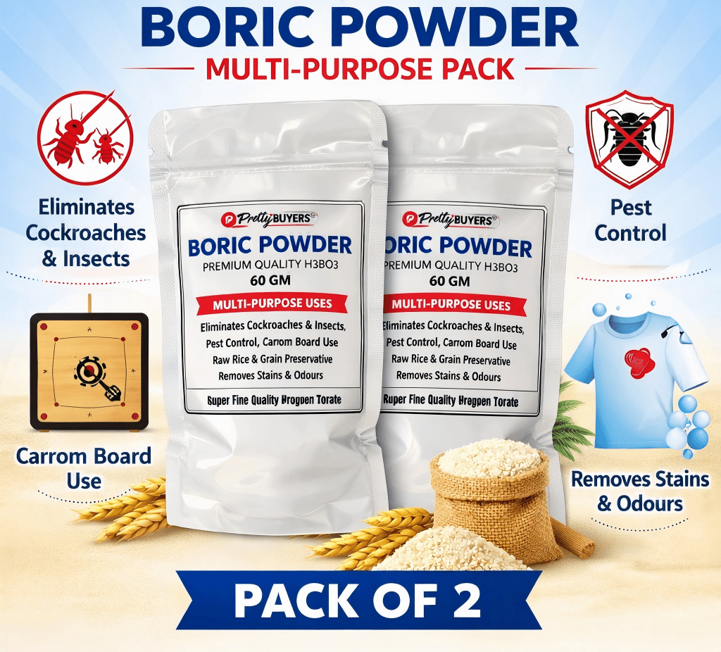 Boric Acid Powder for Cockroaches, Ant Repellent, Bed Bugs Killer, Carrom Board Powder, Rice Preservative, Kitchen Cleaner, Stain Remover, Industrial Cleaning Agent, Natural & Safe-60 GM (Pack Of 2)