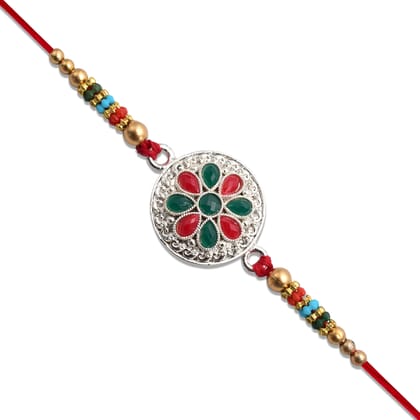DHRUVINSRI Lucky Jewellery Designer Silver Plated Red Green Stones Floral Rakhi - Rakshabandhan Rakhee Bracelet for Brother bhaiya bhai bhabhi - Pack of 1