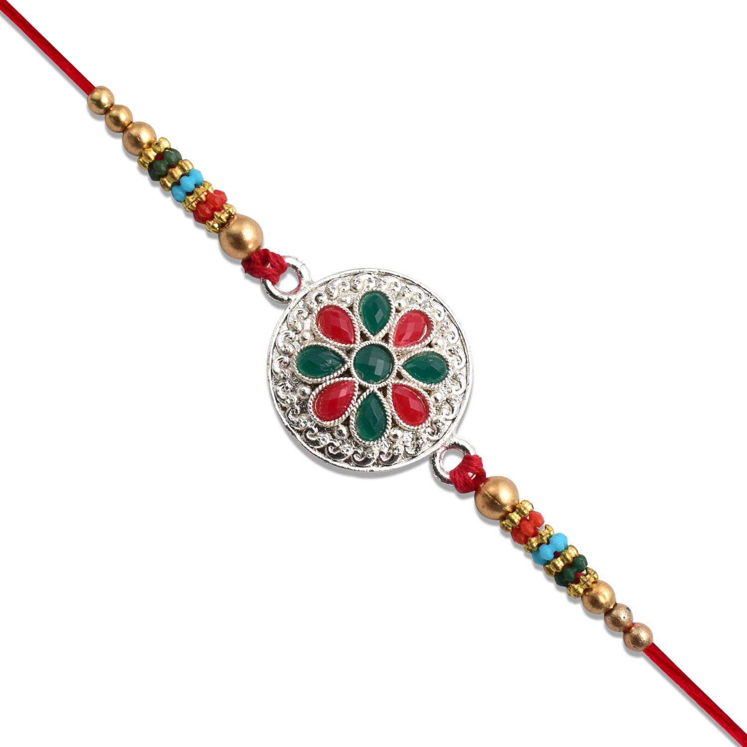 DHRUVINSRI Lucky Jewellery Designer Silver Plated Red Green Stones Floral Rakhi - Rakshabandhan Rakhee Bracelet for Brother bhaiya bhai bhabhi - Pack of 1