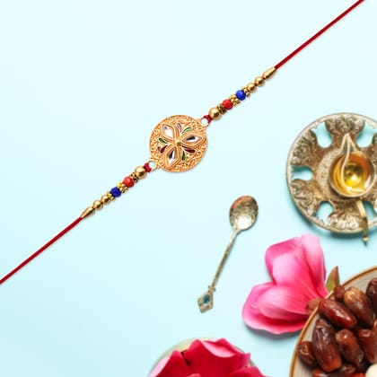 DHRUVINSRI 1 Pc Elegant Meenakari Floral Rakhi With Colorful Beads Golden Detailing