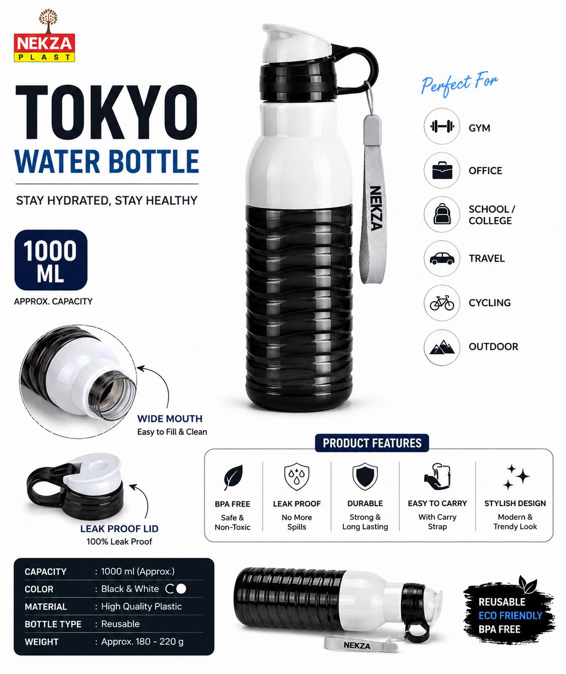 Nekza Plast Tokyo Plastic Water Bottle 1000ml Black