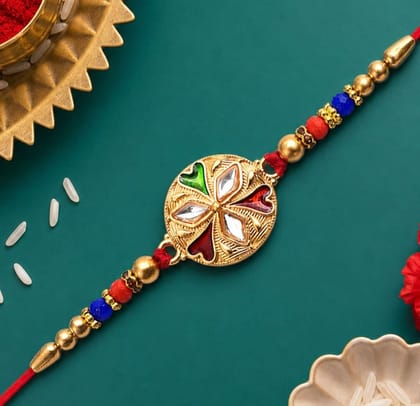 DHRUVINSRI Jewellery Designer Floral Rakhi with Mirror Work Colorful Beads on Red Thread-  Rakshabandhan Rakhee Bracelet for Brother/bhaiya/bhai/bhabhi - Pack of 1