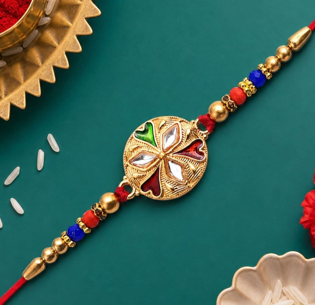 DHRUVINSRI Jewellery Designer Floral Rakhi with Mirror Work Colorful Beads on Red Thread- Rakshabandhan Rakhee Bracelet for Brother/bhaiya/bhai/bhabhi - Pack of 1