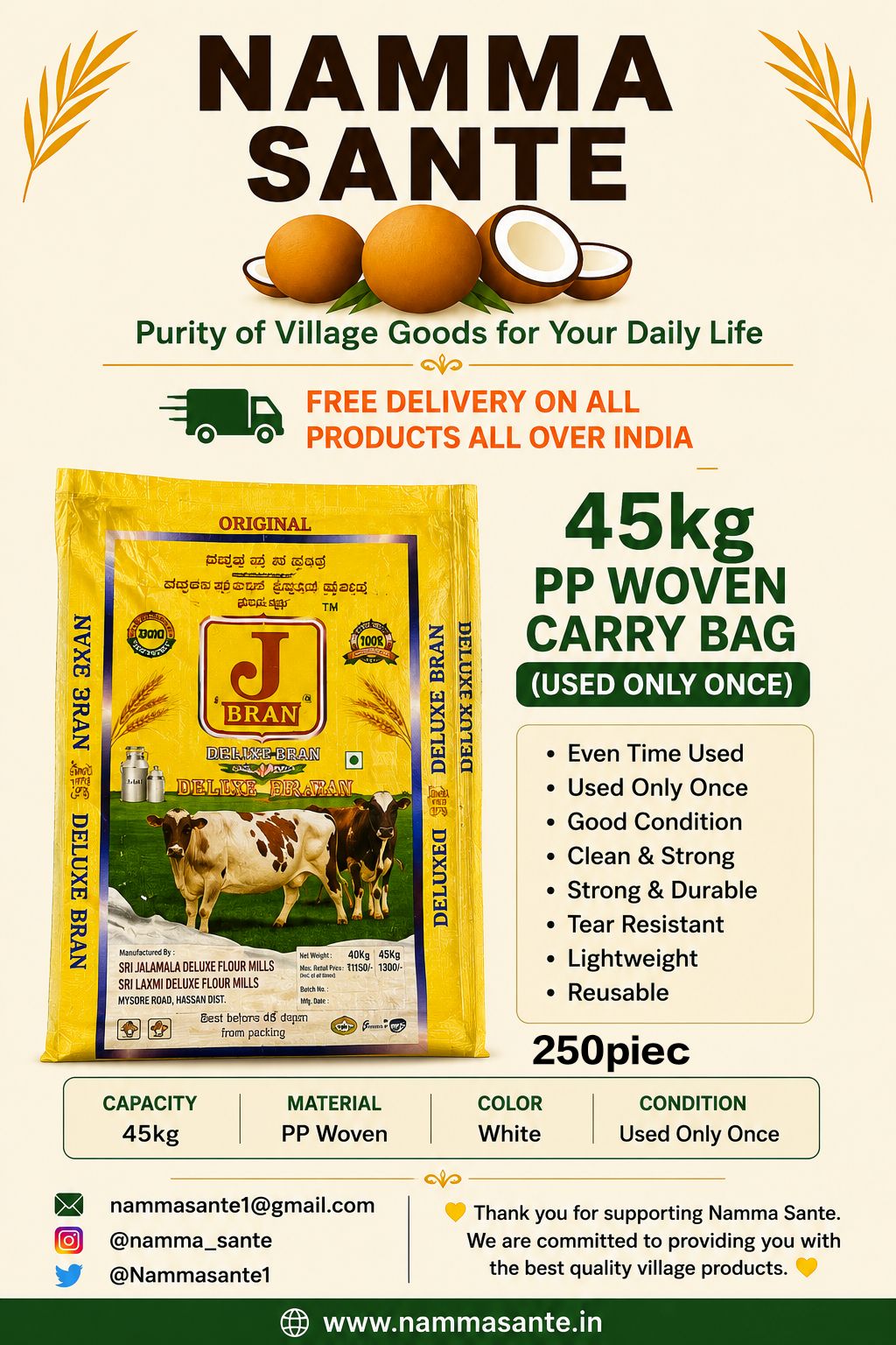 45kg PP Woven Carry Bag (Used Only Once), PP Woven Sack, Polypropylene Woven Bag, Plastic Woven Packaging Bag, Heavy Duty Storage Bag 250piec 