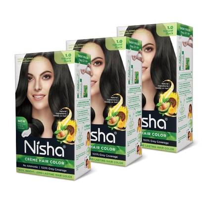 Nisha Creme Hair Color 1.0 Natural Black 120g Pack of 3, Permanent Hair Colour, No Ammonia, 100% Grey Coverage