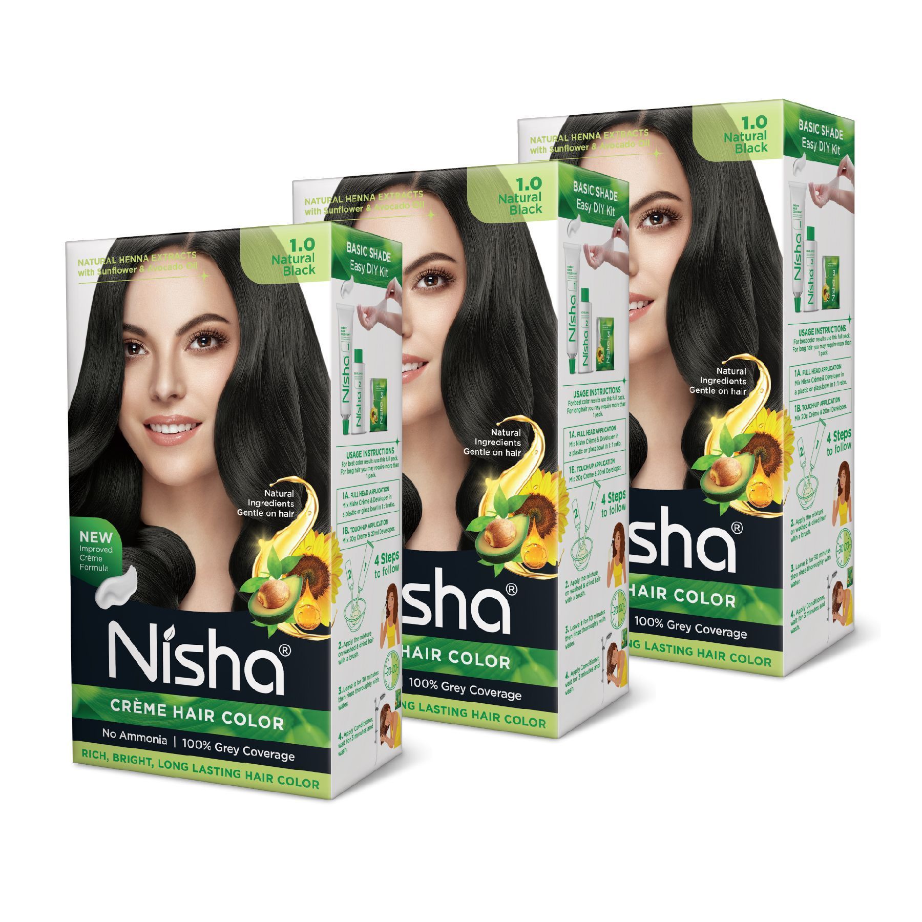 Nisha Creme Hair Color 1.0 Natural Black 120g Pack of 3, Permanent Hair Colour, No Ammonia, 100% Grey Coverage