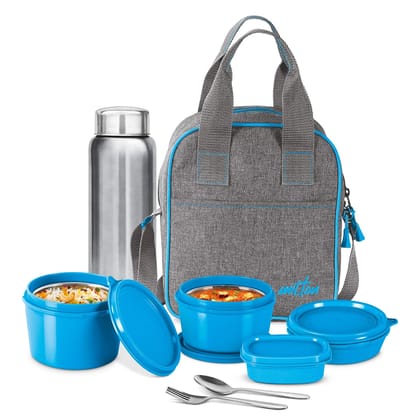 MILTON Savor Lunch Box with Insulated Jacket, (3 Inner Stainless Steel Containers, 180ml, 320ml, 450ml, Steel Bottle 750ml, 100ml Chutney Dabba, Spoon & Fork) Microwaveable & Leak-Proof Tiffin