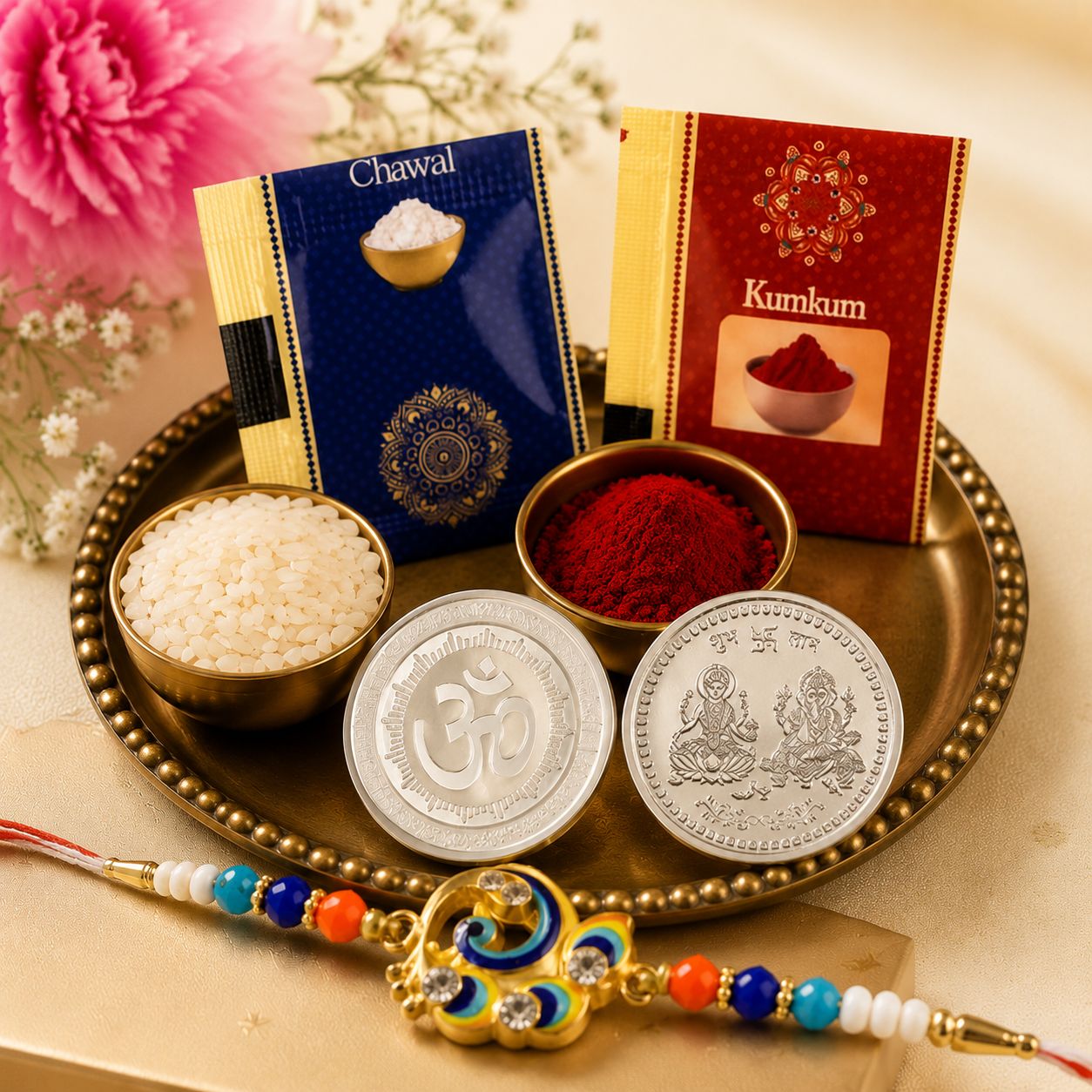 DHRUVINSRI 4pcs Designer Peacock Feather Rakhi Tilak Set Combo - 1 Designer Rakhi, 1 Laxmi Ganesha Coin, 2Pcs Tilak Pouches