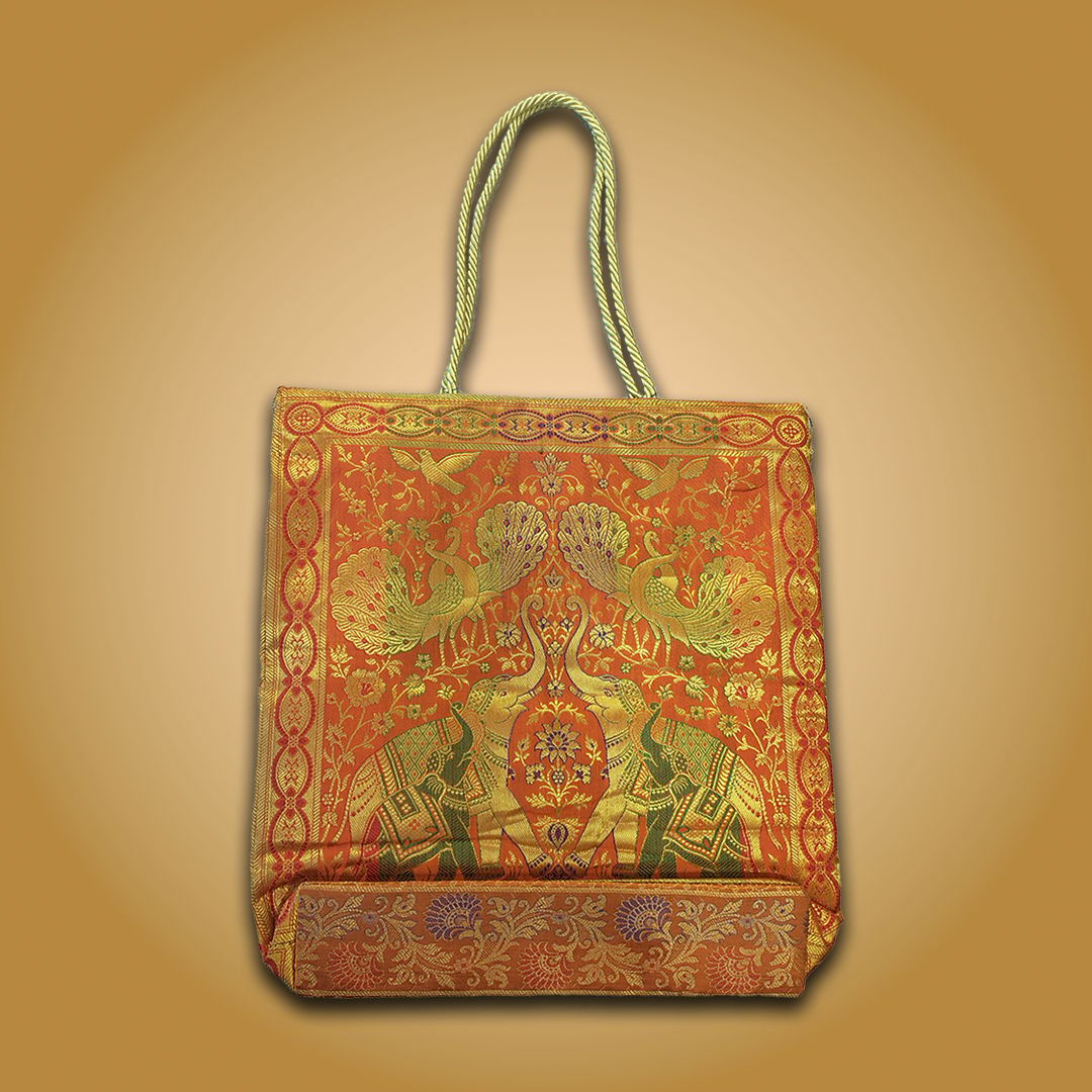 Banaras Brocades Elephants and Peacocks Design Handbag-Orange Colour