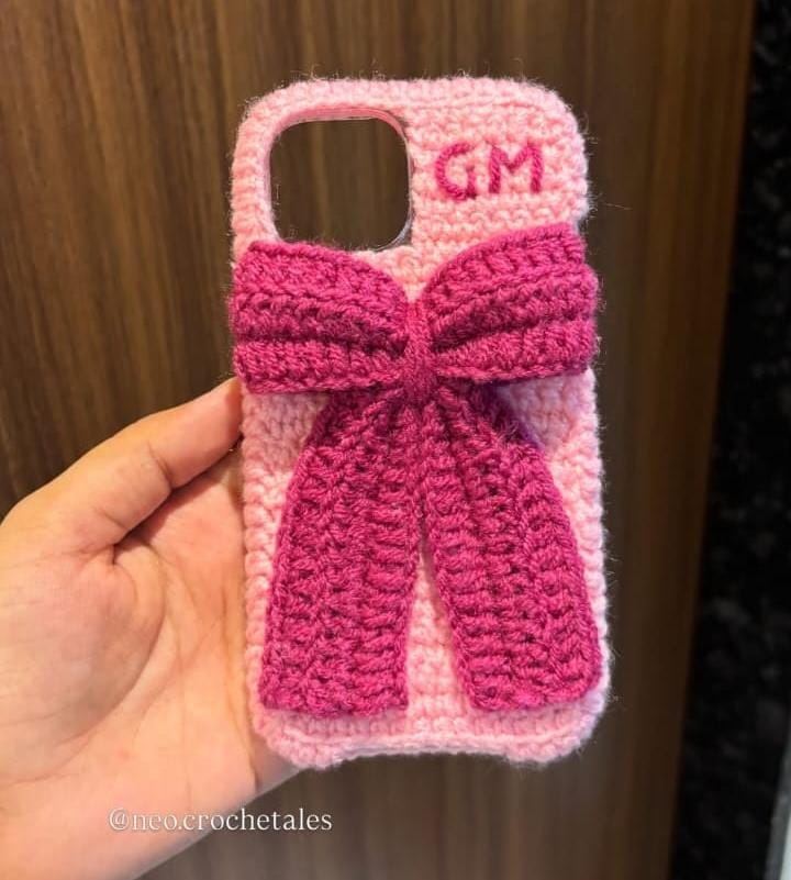 Handmade Crocheted Pink Bow iPhone Case with 'GM' Initials