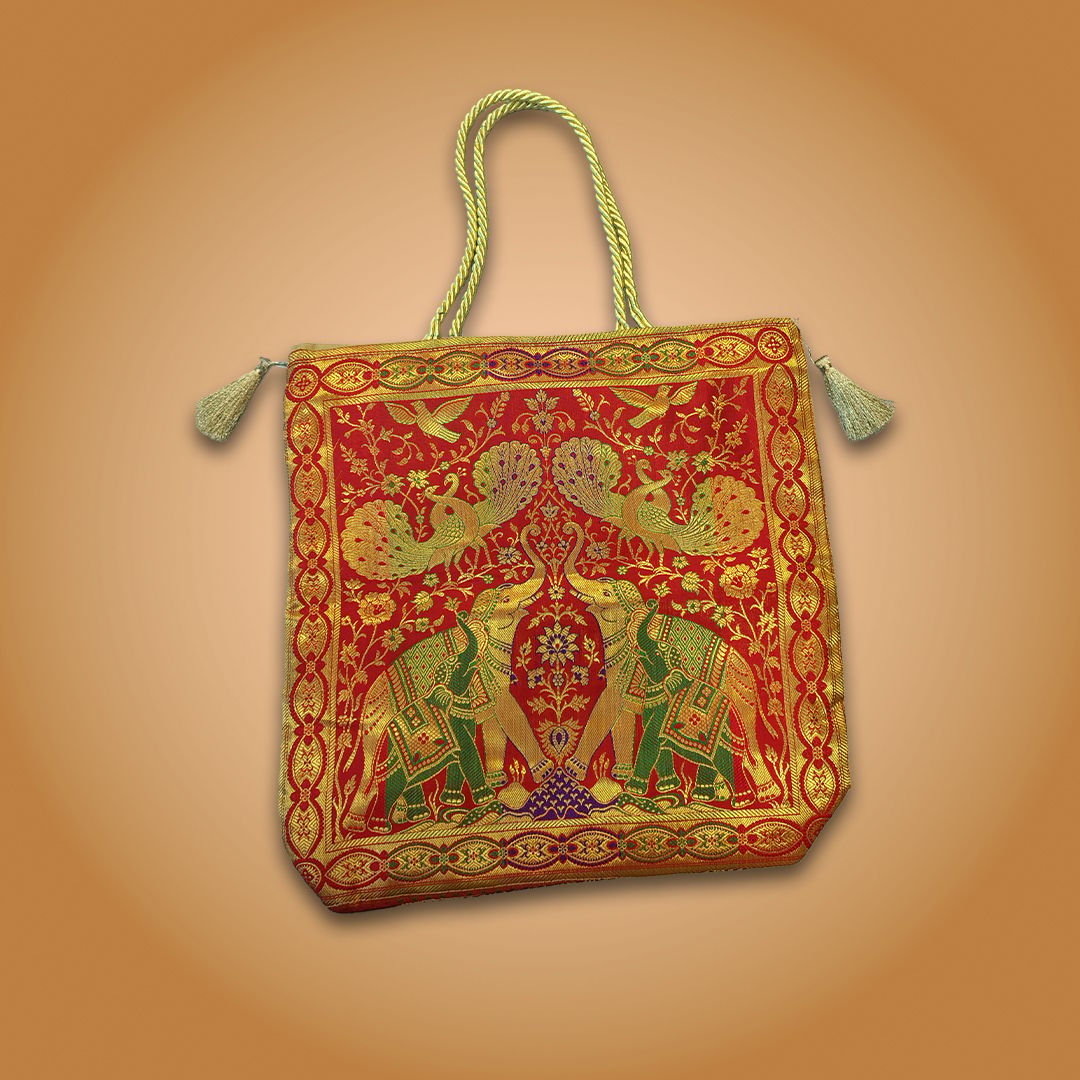 Banaras Brocades Elephants and Peacocks Design Handbag Red Colour