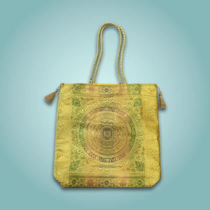 Banaras Brocades Circular Motif Handbag-Yellow
