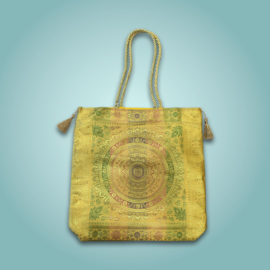 Banaras Brocades Circular Motif Handbag-Yellow
