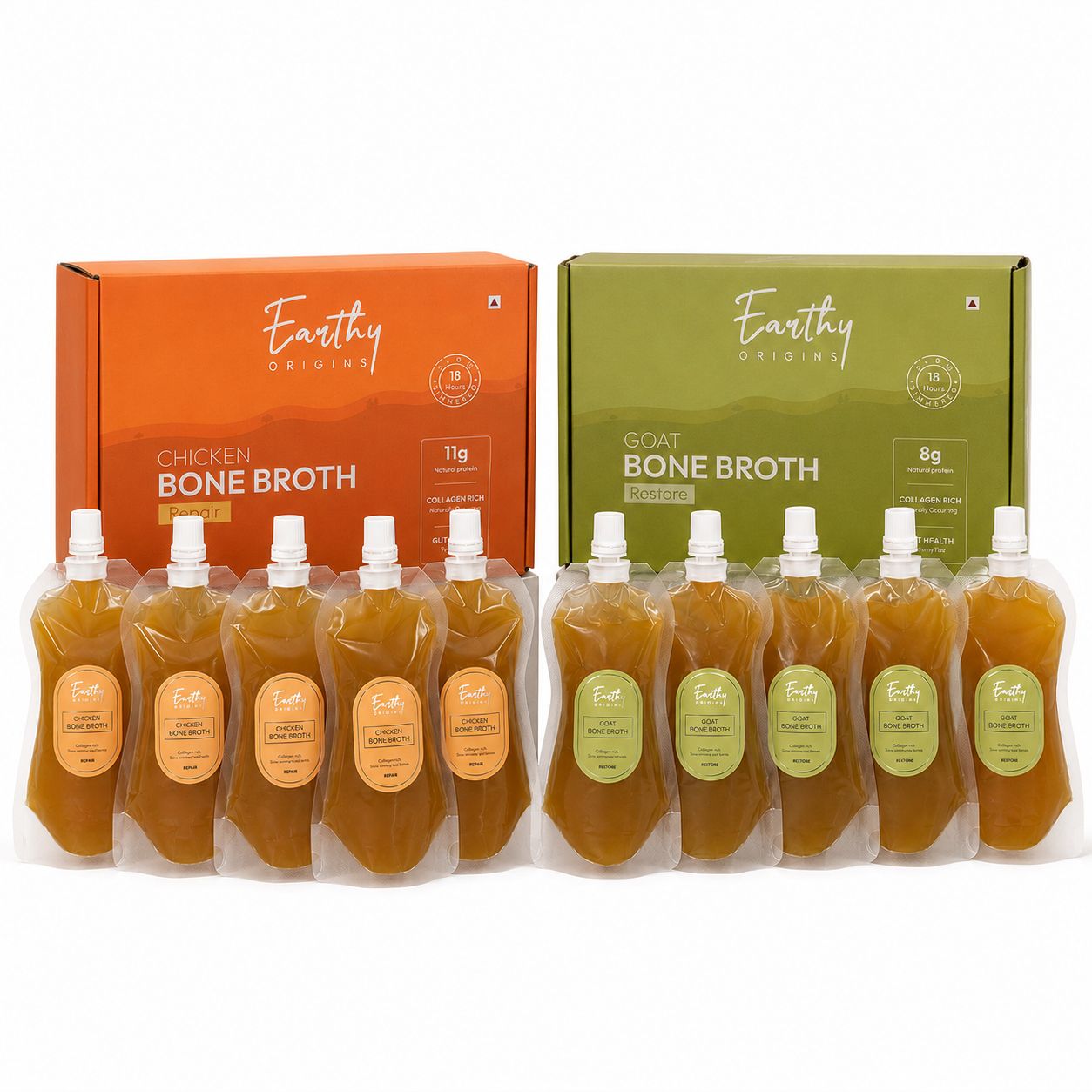 Earthy Origins Chicken & Goat Bone Broth Combo for Humans | Collagen-Rich | Ready-to-Drink | Slow Simmered 18 Hours | 10 × 150ml (1500ml)