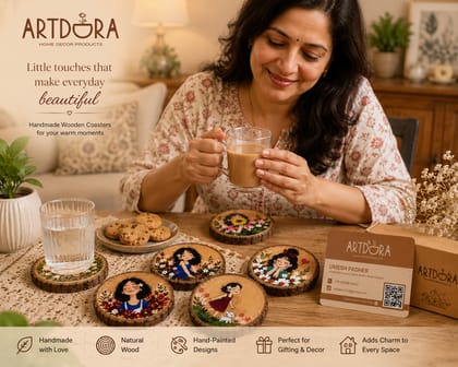 Artdora Handmade Wooden Coaster Set (Pack of 5) | Hand-Painted Natural Wood Slice Drink Coasters | Rustic Table Decor | Tea & Coffee Cup Coasters | Eco-Friendly Home Decor & Gift Set