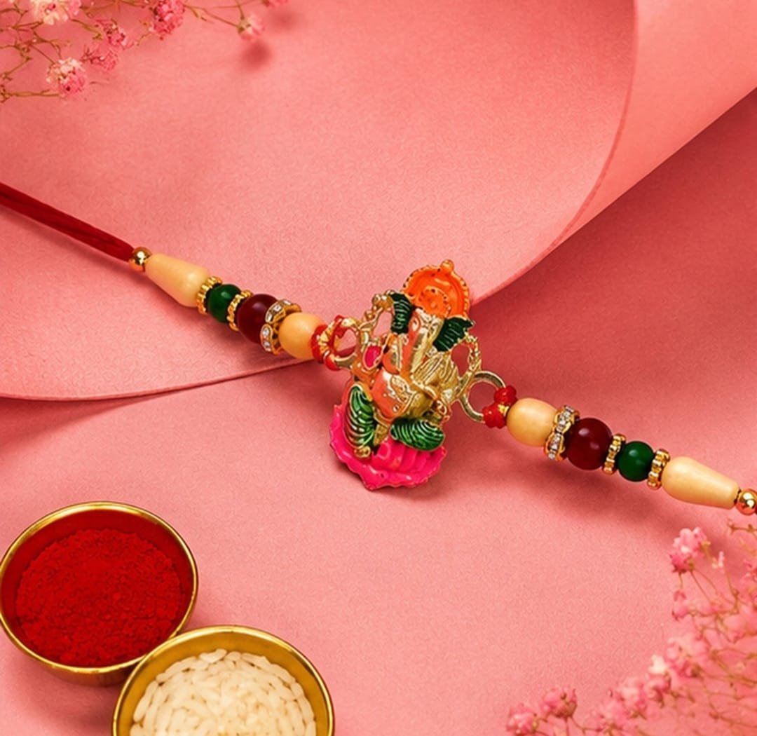 DHRUVINSRI  Ganesha Rakhi value pack – Traditional Wooden Beads with Colorful Accents-1 Pc