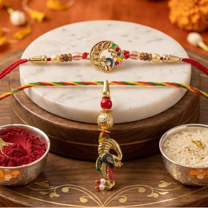 DHRUVINSRI 5 Pcs Premium Peacock Charm Bhabhi Lumba Rakhi With Laxmi Ganesh Coin, Tilak Kit, Assorted fruit Pack– Elegant Maroon Gift Box for Rakshabandhan
