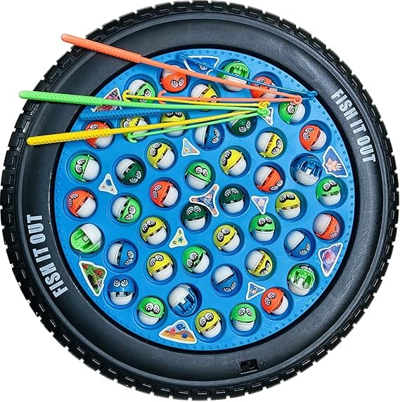 VGRASSP Fishing Game Toy Set with Rotating Board | with Music On/Off Switch for Quiet Play | 45 Fishes and 4 Fishing Poles (Fishing Game Big)