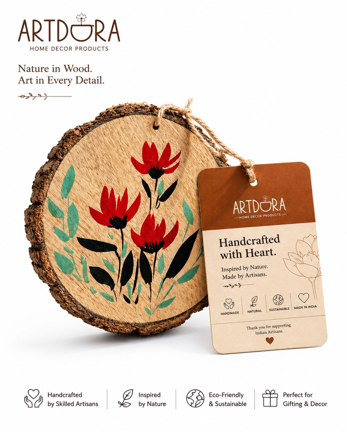 ARTDORA Handmade Wooden Wall Hanging | Hand-Painted Botanical Wood Slice Décor | Natural Rustic Wall Art