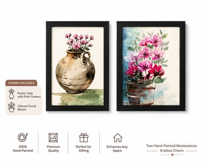 ARTDORA Floral Harmony Combo | Set of 2 Handmade Framed Floral Wall Art Paintings | Botanical Home Décor | Living Room, Bedroom & Office Decoration | Premium Gift Set